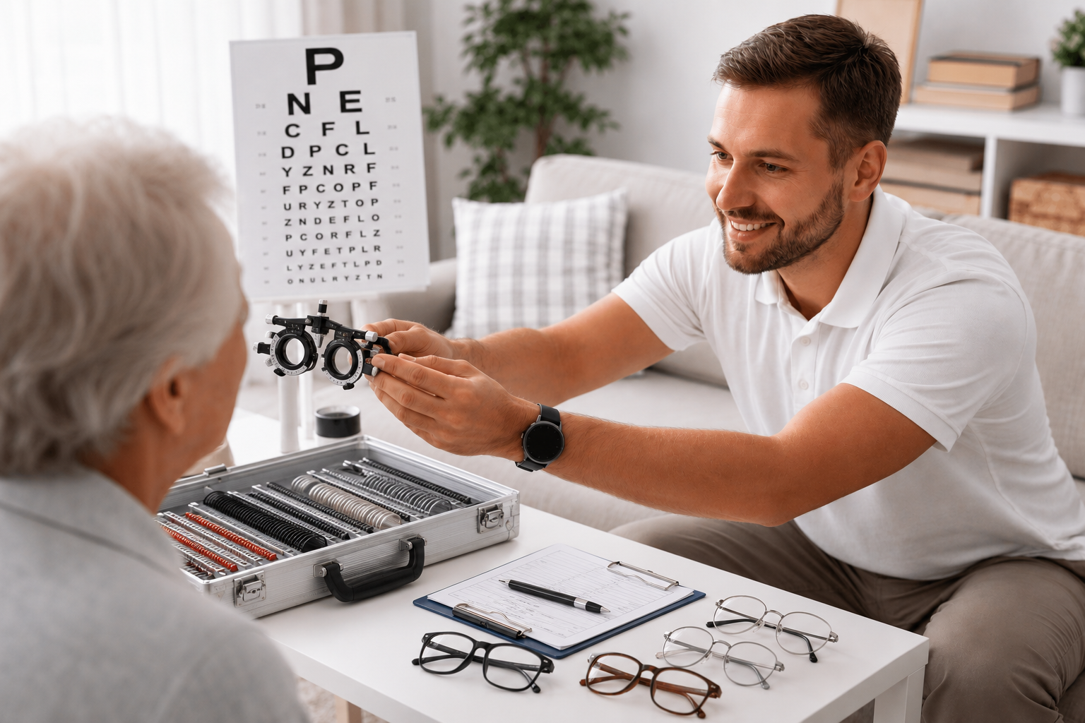 Optometrysta podczas domowego badania wzroku pacjentki
